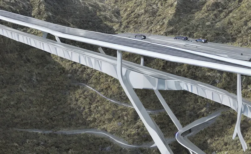 Image similar to valley made of reflective metal, single futuristic car driving on elevated highway