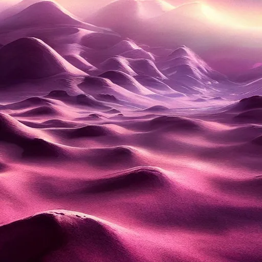Image similar to empty planet with enormous deserts, covered with purple fog, concept art, DeviantArt, art station, illustration, highly detailed, artwork,cinematic,hyper realistic