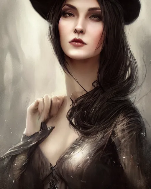 Image similar to a beautiful female modern witch, 8 k, hyperrealistic, dark hair very long, no hat, hyperdetailed, fantasy portrait by laura sava