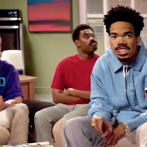 Image similar to a tv still of Chance The Rapper starring as a college student in a 1993 black sitcom