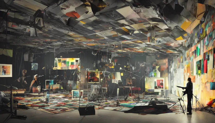 Image similar to a backdrop for a tv show about experimental music and art, ultra - realistic, 4 k, color, trending on artstation