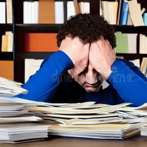 Image similar to exhausted man surrounded by stacks of papers and books, stock photo