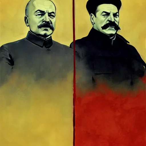 Image similar to lenin and stalin, by shigenori soejima, by frank frazetta, digital painting masterpiece, beautiful brush strokes, advanced lighting technology, symmetry