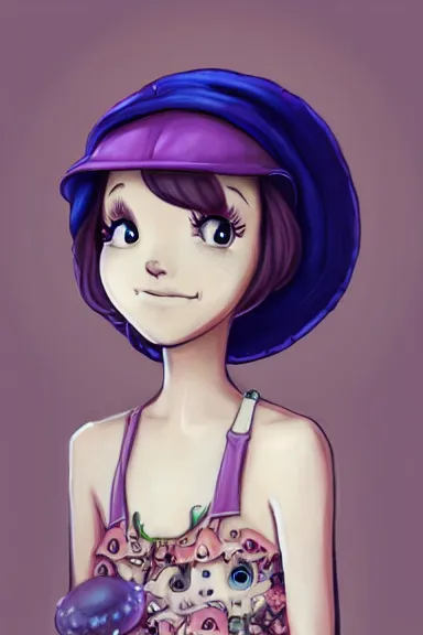 Image similar to a little girl wearing a mushroom hat in dress sitting | | purple curvy hair, pretty face, fine details, digial art by lois van baarle and rhads, anatomically correct, perfect composition, symmetrical, fantastic, clean details, anime character, extremely detailed