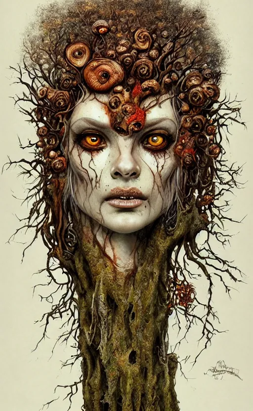 Image similar to portrait of a rotten tree spirit dryad with a beautiful face and flaming mouth and eyes, intricate, headshot, mushrooms, fungi, lichen, sketch lines, graphite texture, old parchment, guillermo del toro concept art, justin gerard monsters, intricate ink illustration, artstation