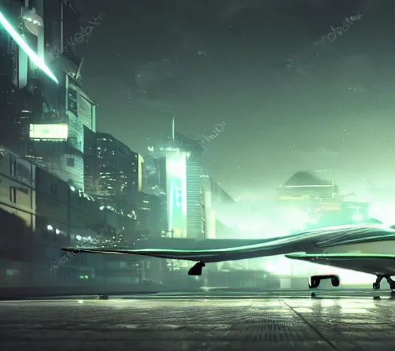 Image similar to futuristic sci fi jet lands at runway of cyberpunk city, night photo ,dark cinematic lighting , digital concept art