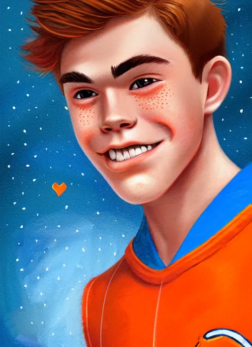 Image similar to friendly teenage archie andrews wearing an orange superhero costume with heart logo, heart, freckles, blue cape, heart emblem on chest, blue cape, intricate, elegant, glowing lights, highly detailed, digital painting, artstation, sharp focus, illustration, art by wlop, mars ravelo and greg rutkowski