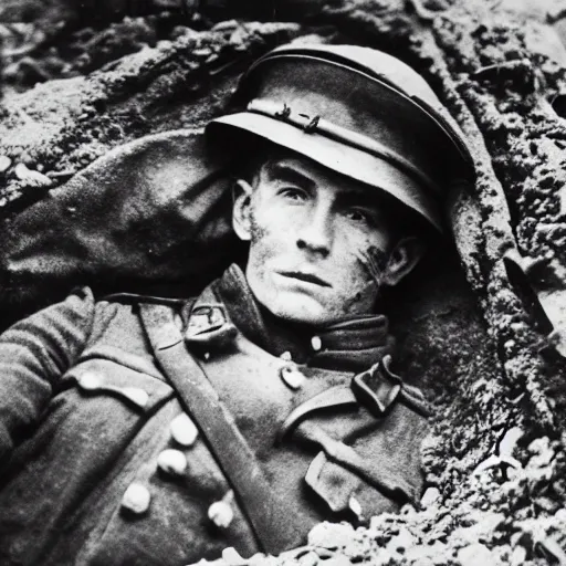 Image similar to a german world war 1 soldier in a trench staring at the camera, there are dead corpses around him, taken by a world war 1 camera.