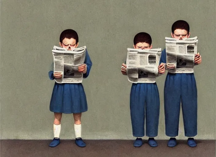 Image similar to a very boring day in school, kids wearing identical clothes reading newspapers, painting by quint buchholz and ray caesar, muted colors, gray, dull, boring, low energy, pale blue faces, very detailed