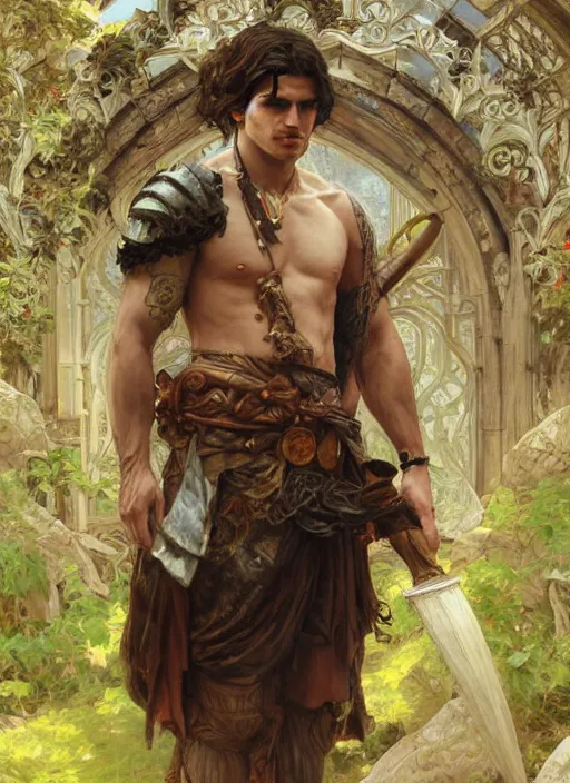 Image similar to realistic portrait painting of a male fantasy barbarian warrior, old mystic ruins, afternoon, intricate, elegant, highly detailed, digital painting, sharp, focus, by artgerm and alphonse mucha and greg rutkowski