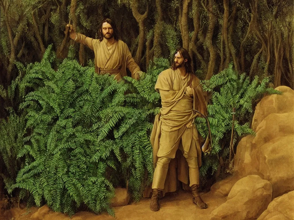 Prompt: portrait of aragorn in a desert oasis, ferns. painting by georges de la tour