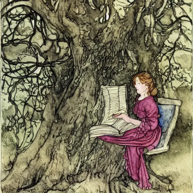 Image similar to a detailed, intricate watercolor and ink portrait illustration with fine lines of young 1 4 year old scarlett johannson happily reading under a tree, by arthur rackham and edmund dulac and lisbeth zwerger