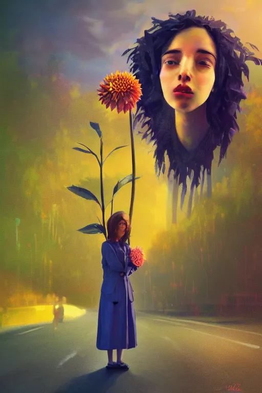 Image similar to closeup giant dahlia flower head, girl in a suit, standing in street, surreal photography, sunrise, dramatic light, impressionist painting, digital painting, artstation, simon stalenhag