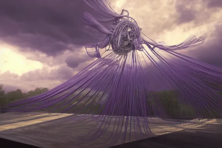 Image similar to a large loom machine that weaves threds that turn into the clouds in a calm purple sky, aesthetic, intricate, elegant, 8K, concept art, highly detailed, hyper-realistic, polished, artstation, unreal engine