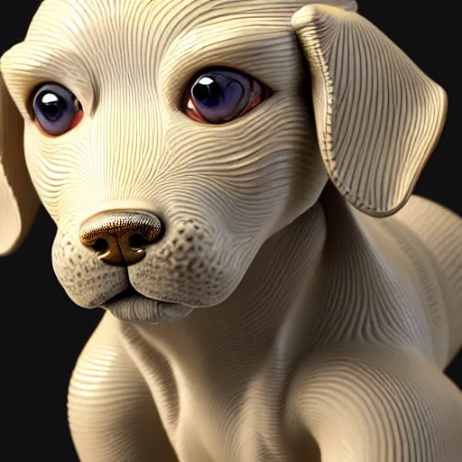 Image similar to a highly detailed realistic 3 d render sculpture of a cute dog with wide open eyes by zhelong xu, unreal engine, ray trace, jingdezhen porcelain. chinese culture. super clear details, ultra clear material. close - up shot, intricate details. 3 d octane render. substance painter.