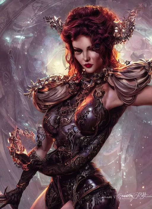 Prompt: front portrait hands behind body pose of sensual Lady Mechanik with ginger wavy hair, hands behind her body pose!, Intricate overlay magic lightings imagery , D&D!, fantasy style, sharp focus!, ultra detailed, art by Artgerm and Peter Andrew Jones, WLUP