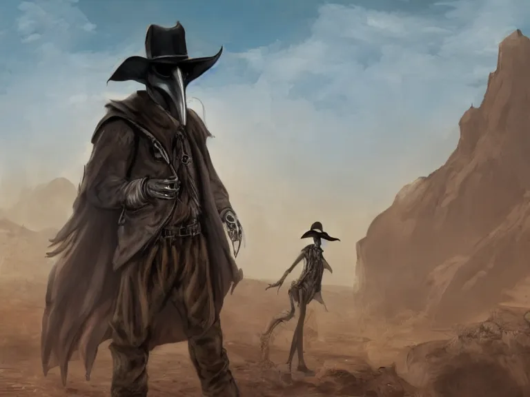 Image similar to plague doctor cowboy standing near a western town in the desert, wearing ragged cool clothes, dynamic lighting, fantasy photorealistic concept art, cinematic, dusty