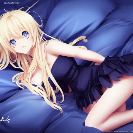 Image similar to a very beautiful anime cute girl, full body, long wavy blond hair, sky blue eyes, full round face, short smile, fancy top, miniskirt, front view, medium shot, mid-shot, laying in bed, highly detailed, cinematic wallpaper by Stanley Artgerm Lau