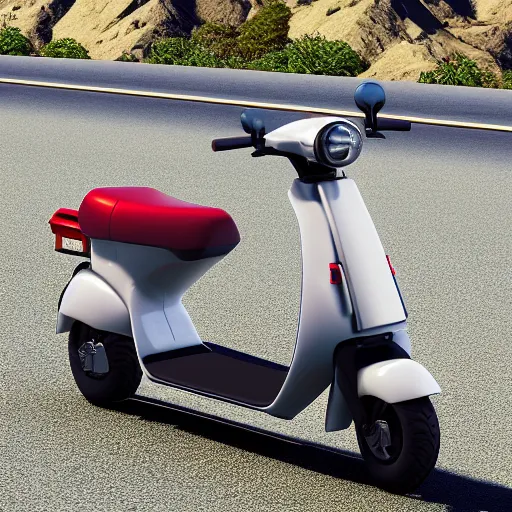 Prompt: 1 9 8 7 honda elite scooter on palm springs road, octane render, 3 d,