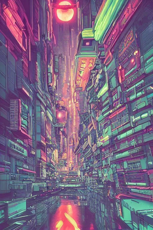 Image similar to astronaut cyberpunk surreal upside down city, neon lights, cell shaded by moebius, Jean Giraud, trending on artstation