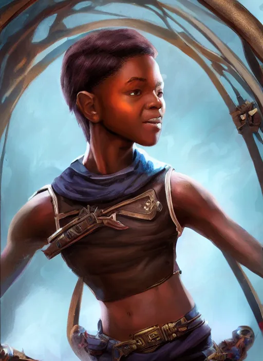 Prompt: An epic fantasy comic book style portrait painting of a young dark skinned girl with short hair dressed as a boy in a cap in the style of the wheel of time, unreal 5, DAZ, hyperrealistic, octane render, cosplay, RPG portrait, dynamic lighting