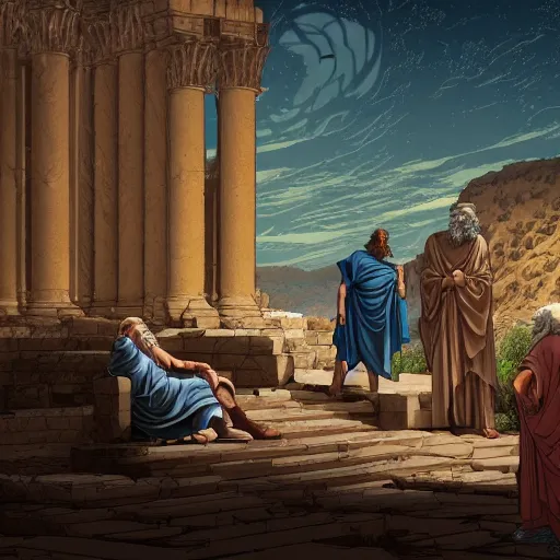 Prompt: plato arguing with diogenes on the necropolis, by dan mumford, yusuke murata, makoto shinkai, ross tran, cosmic, heavenly, god rays, intricate detail, cinematic, 8 k, cel shaded, unreal engine, featured on artstation, pixiv