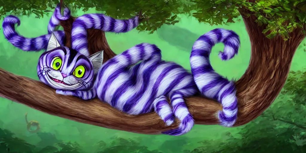 Image similar to The Cheshire Cat hanging in a tree, Alice in wonderland, colorful, wide angle, super highly detailed, professional digital painting, artstation, concept art, smooth, sharp focus, no blur, no dof, extreme illustration, Unreal Engine 5, Photorealism, HD quality, 8k resolution, cinema 4d, 3D, beautiful, cinematic, art by artgerm and greg rutkowski and alphonse mucha and loish and WLOP