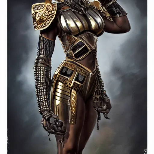 Image similar to a wakandan zulu warrior in dieselpunk style armor, african, deviantart, ultra realistic, concept art, intricate details, eerie, horror, highly detailed, photorealistic, octane render, 8 k, unreal engine. art by artgerm and greg rutkowski and alphonse mucha