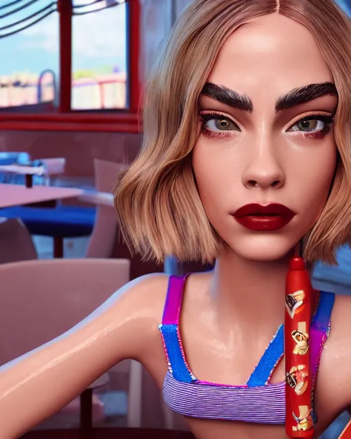 Prompt: highly detailed closeup, face profile portrait of a tin toy cara delevigne as a waitress in a diner, bikini, depth of field, fashion photoshoot by dan decarlo, breathtaking, detailed and intricate environment, 8 k resolution, hyperrealistic, octane render