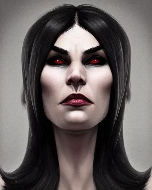 Prompt: portrait of evil a tall 4 0 - year - old woman with thin lips, heavy - lidded eyes, a strong jaw and long, thick shining black hair, thick eyebrows and long eyelashes, wearing in black clothes, hyper realistic face, beautiful eyes, character art, art by mark brooks, hyperdetailed, cryengine, trending on artstation, digital art