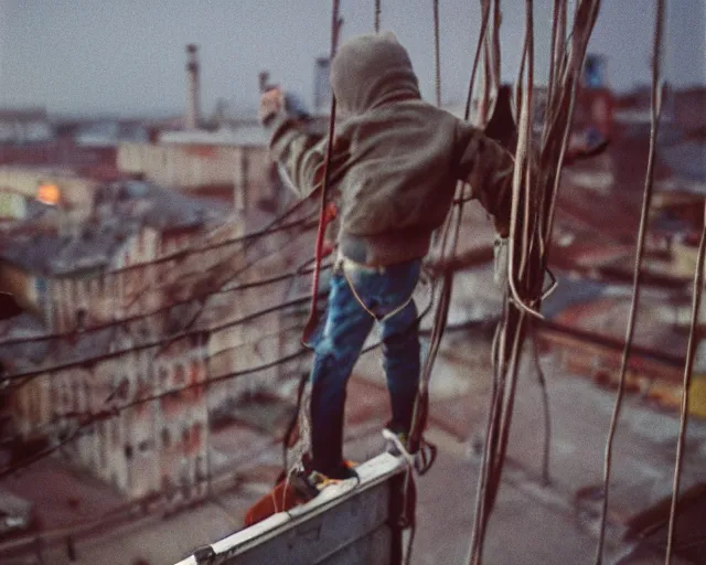 Image similar to lomo photo of roofjumpers climbing on roof of soviet hrushevka, small town, cinestill, bokeh, out of focus