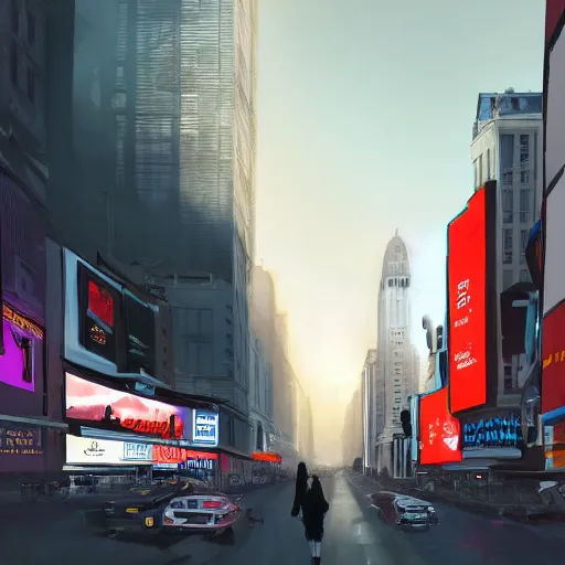 Prompt: modern downtown city, Parisian buildings, billboards, advertisements, Times Square, small buildings, dark, matte painting, concept art, digital painting, style of Ian Hubert, warm lighting, futuristic, volumetric lighting, street view, daytime, godrays , high detail