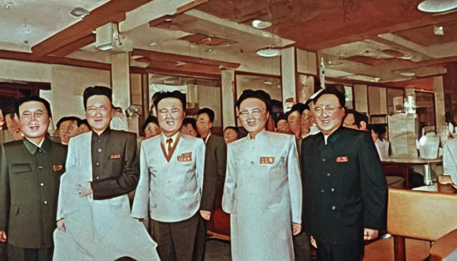 Image similar to 70s movie still of north-korean restaurant palace with kim il-sung portrait, eastmancolor, heavy grain, high quality, higly detailed