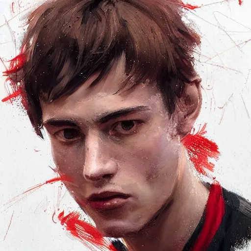 Prompt: Portrait of a man by Greg Rutkowski, he is about 20 years old, french features, attractive, short brown hair with bangs, athletic and strong, childhood friend vibes, he is wearing red and black utilitarian jumpsuit, highly detailed portrait, digital painting, artstation, concept art, smooth, sharp foccus ilustration, Artstation HQ.