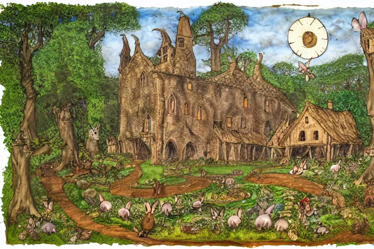 Prompt: an elaborate and dense painting of redwall abbey in mossflower wood with lots of mice and rabbits and otters walking around, detailed, made of alcohol ink on parchment and penned illustrations, by brian jacques