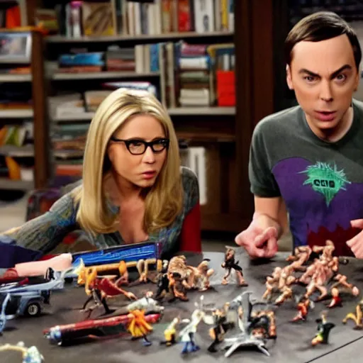 Prompt: still from The Big Bang Theory of Sheldon Cooper playing with his Buffy the Vampire Slayer action figures, high quality
