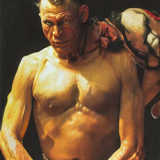 Image similar to high quality high detail painting by norman rockwell and lucien freud, hd, portrait of a dangerous professional wrestler, intense demonic look in the eyes, photorealistic lighting