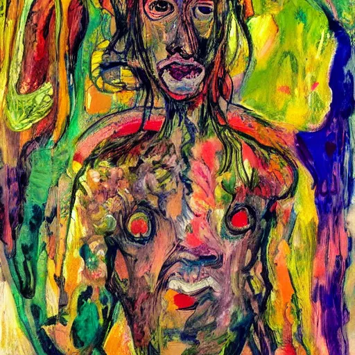 Image similar to a painting of a person with many different colors, an abstract painting by affandi, pixiv, neo - expressionism, grotesque, fauvism, artwork