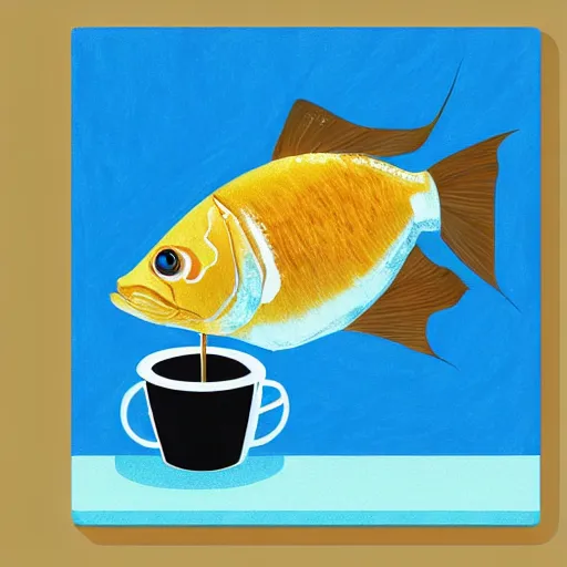 Image similar to a digital painting of a real fish drinking coffee