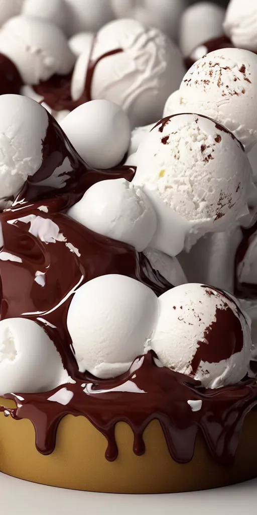 Prompt: ice cream sunday, delicious, glistening, chocolate sauce, marshmallows, highly detailed, octane render