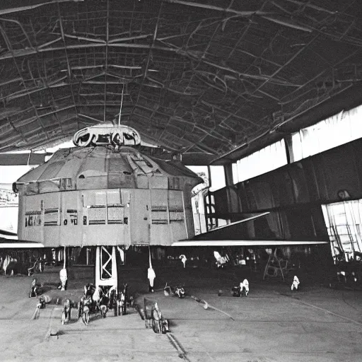 Image similar to dismantled ufo spaceship in hanger with people in hazmat suits standing around, grainy, vintage photo, sepia, old photo, realistic, detailed,