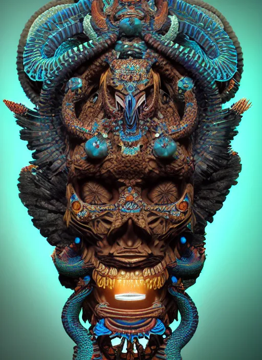 Image similar to 3 d ornate carved shaman with tattoos profile portrait, sigma 5 0 0 mm f / 5. beautiful intricate highly detailed quetzalcoatl skull. bioluminescent, plasma, lava, ice, water, wind, creature, thunderstorm! artwork by tooth wu and wlop and beeple and greg rutkowski, 8 k trending on artstation