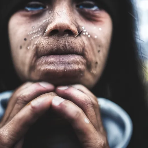 Image similar to photographic portrait of a poor techwear woman with tears in her eyes, closeup, sigma 85mm f/1.4, 4k, depth of field, high resolution, 4k, 8k, hd, full color