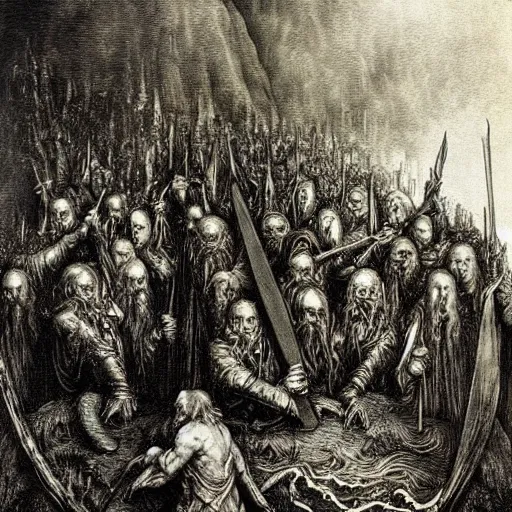 Prompt: lord of the rings, by gustave dore and albrecht durer