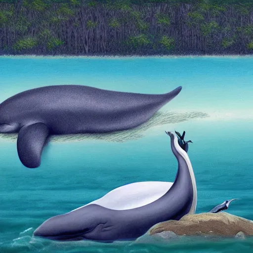 Prompt: a realistic photograph of a peaceful cassowary and beluga whale relaxing together, digital art, detailed,