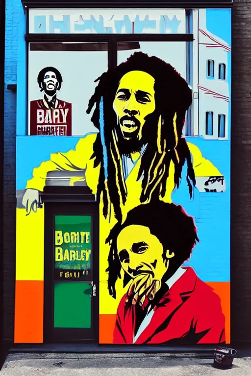 Image similar to bob marley sittin in front of barber shop!!! pop art, pixel, bioshock, gta chinatown, artgerm, richard hamilton, mimmo rottela, julian opie, aya takano, avoid duplicate!!!, avoid redudance!!!