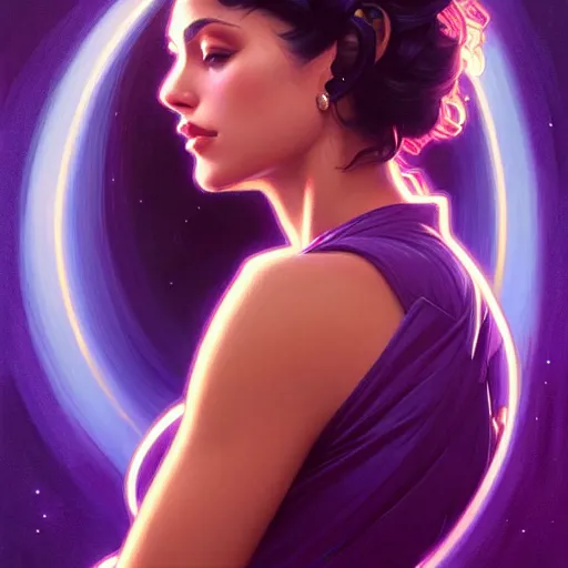 Image similar to Portrait of very very very very very very beautiful Latina woman, spacesuit, purple eyes, intricate, elegant, highly detailed, digital painting, artstation, concept art, smooth, sharp focus, illustration, art by artgerm and greg rutkowski and alphonse mucha