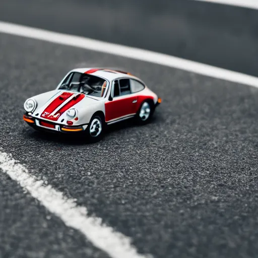 Image similar to close up photo of a small toy porsche 9 1 1 9 6 4 on a road stripe, cinematic, shallow dof, 3 5 mm, 4 k, macro