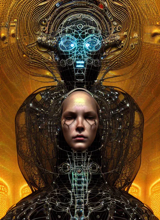 Image similar to timeless cybernetic deity with circuitry skin and networked mind tripping on acid, intricate detail, royo, whealan, giger, klimt, hd, octane render, unreal engine,