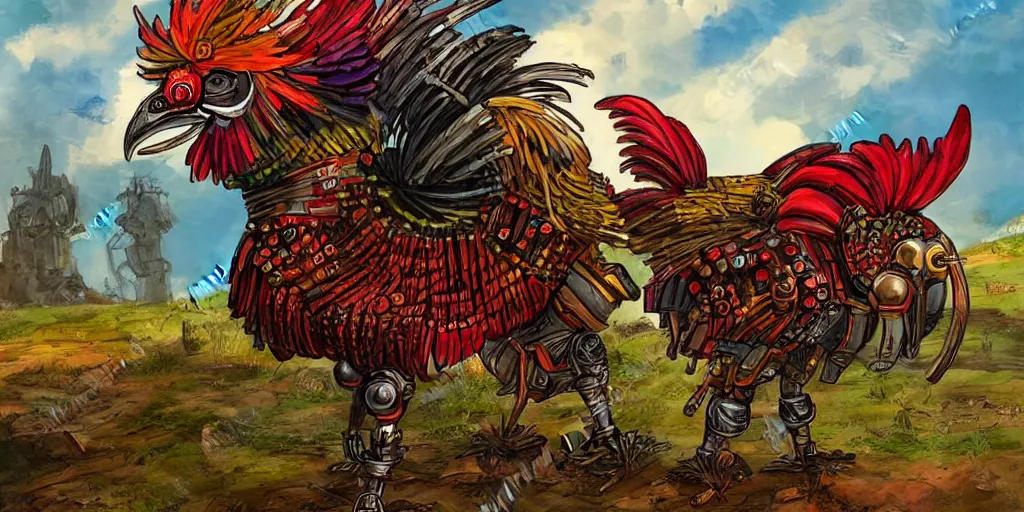 Prompt: colorful illustration of a pompous fully armoured mechanical rooster warrior in a farm landscape, dieselpunk, mix of styles, angry, aggressive